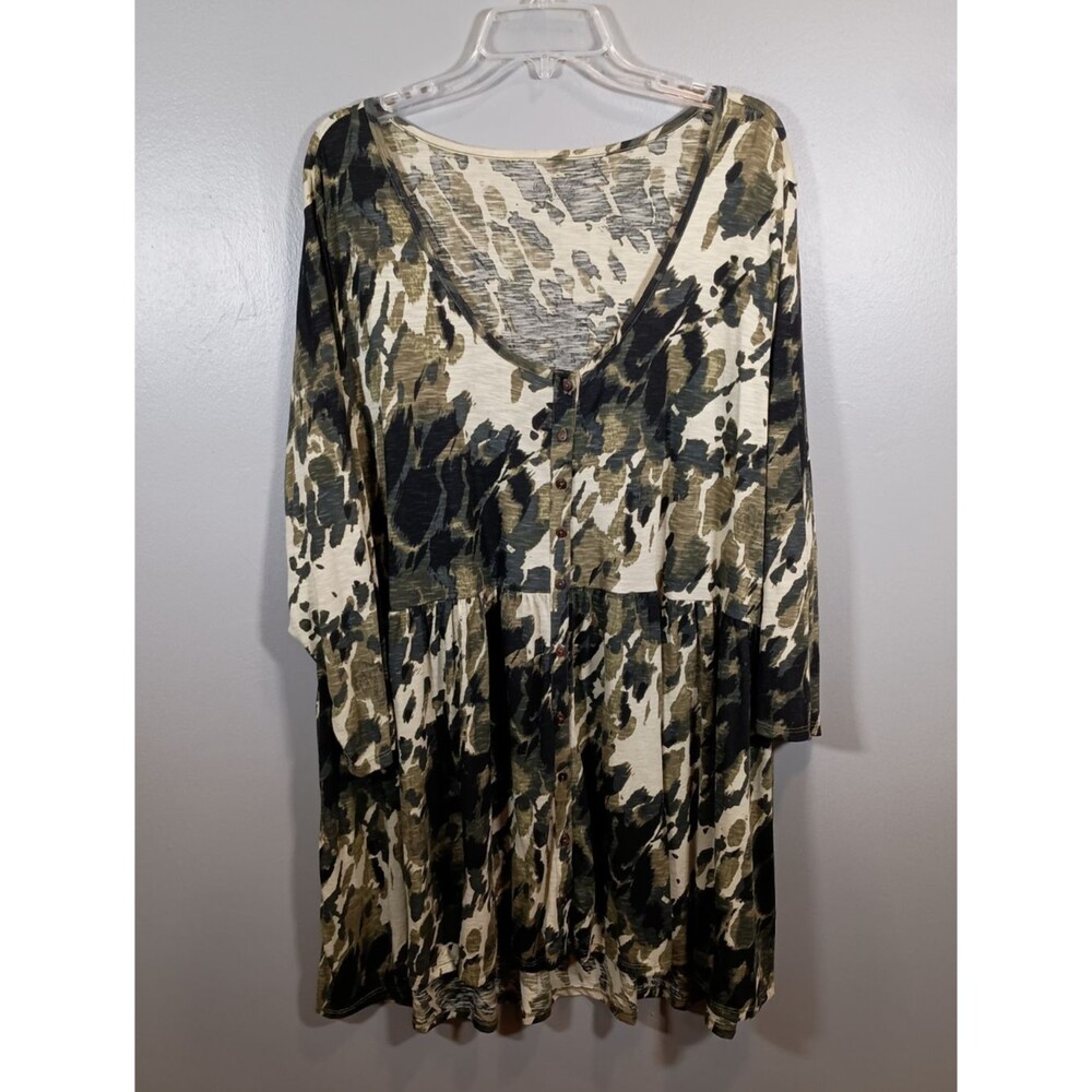 Wonderly Scoop Neck Button Babydoll Top Modal Cotton Graphic Plus Size 4X